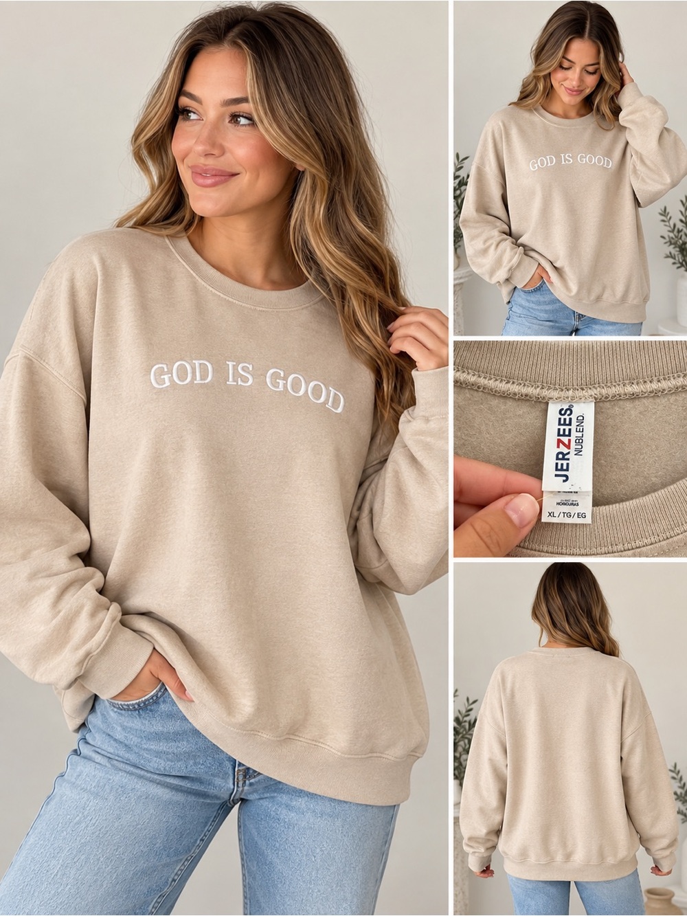Jerzees Nude Blend “God Is Good” Embroidered Sweatshirt XL NWT
